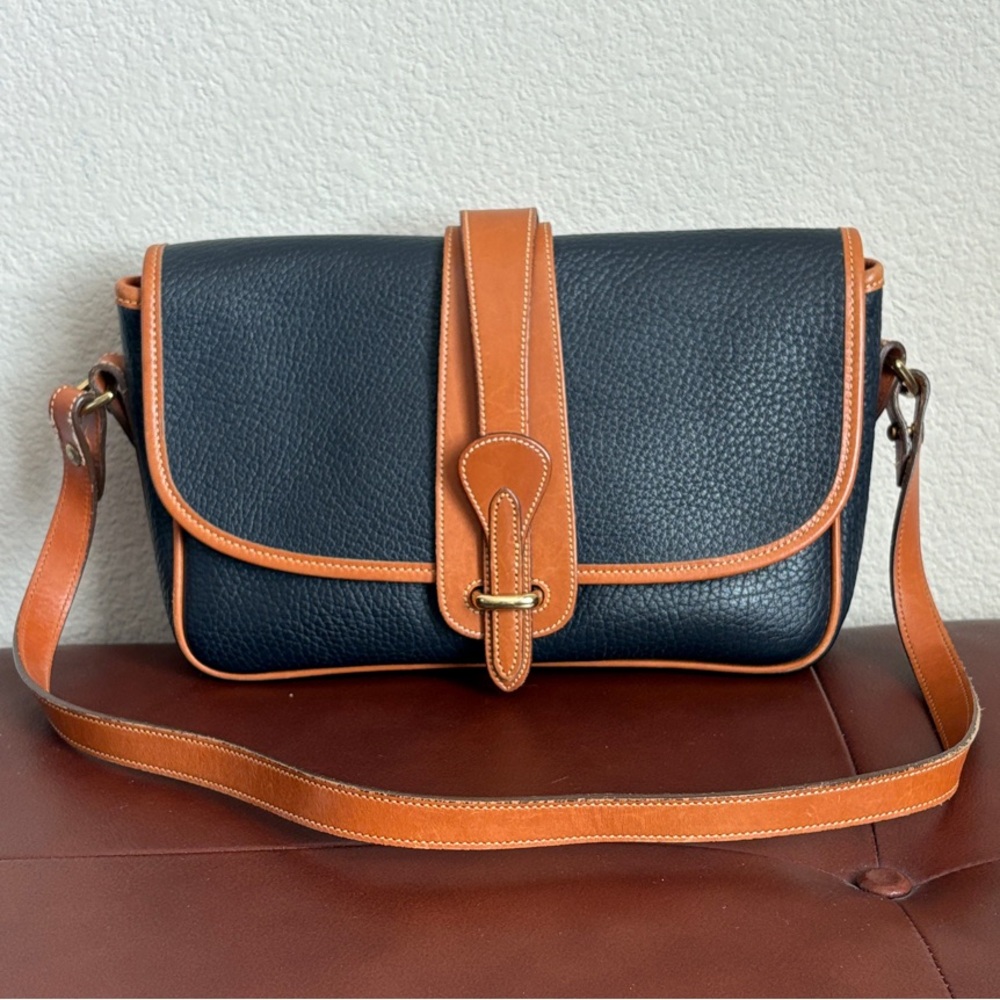 Vintage Dooney & Bourke Pebbled Navy Leather Shoulder Bag with Camel Trim